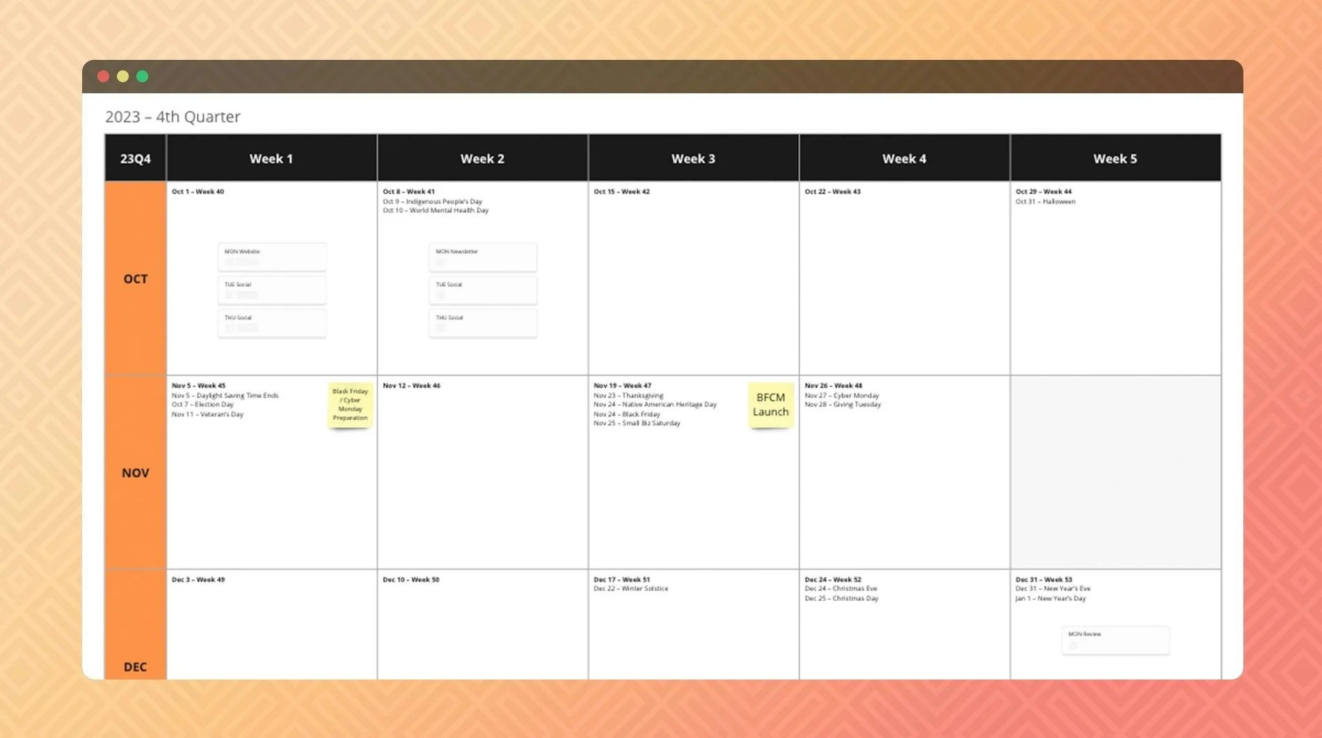 Screenshot of my promo calendar template